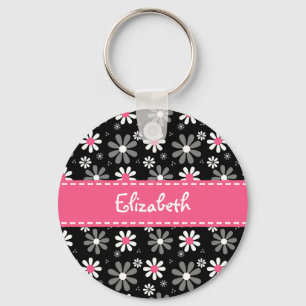 Cute roze en Black Girly Mod Daisies met naam Sleutelhanger