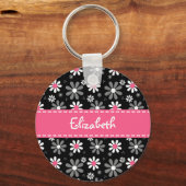 Cute roze en Black Girly Mod Daisies met naam Sleutelhanger (Voorkant)