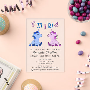 Cute Roze en Blauwe Eenhoorn Twin Baby Shower Acryl Uitnodigingen