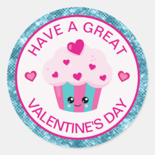 Cute Roze en Blauwe Hart Cupcake Valentijnsdag Ronde Sticker