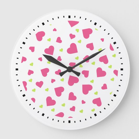 Cute roze en Green Hearts Pattern Grote Klok (Voorkant)
