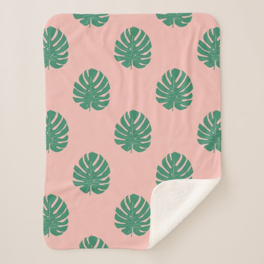 Cute roze en Green Tropical Monstera Leaf Pattern Sherpa Deken (Voorkant)