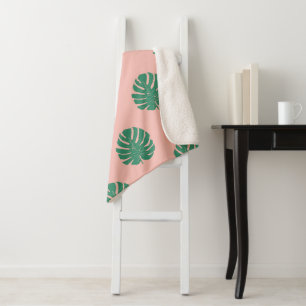 Cute roze en Green Tropical Monstera Leaf Pattern Sherpa Deken