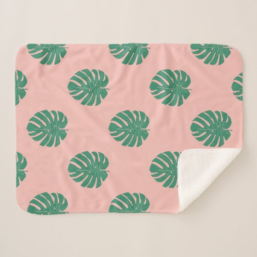 Cute roze en Green Tropical Monstera Leaf Pattern Sherpa Deken (Voorkant (horizontaal))