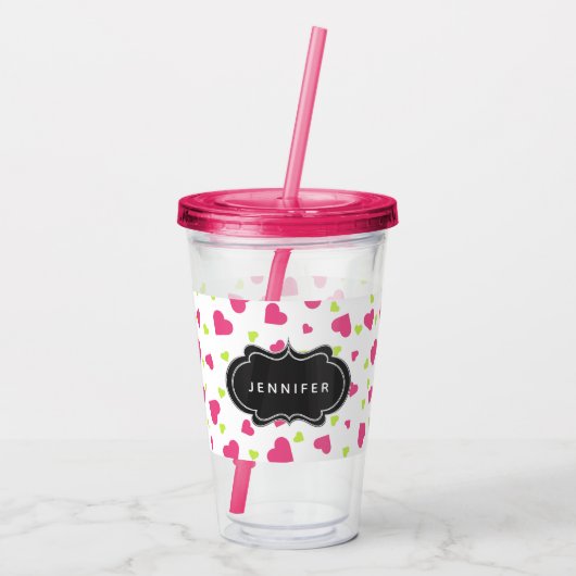 Cute roze en Green Tumbling Hearts Pattern Acryl Drinkbeker (Achterkant)