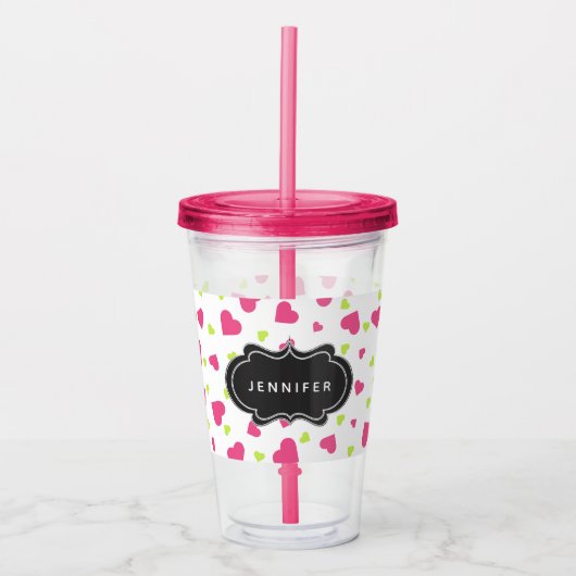 Cute roze en Green Tumbling Hearts Pattern Acryl Drinkbeker (Voorkant)