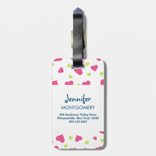 Cute roze en Green Tumbling Hearts Pattern Bagagelabel (Achterkant verticaal)