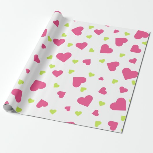 Cute roze en Green Tumbling Hearts Pattern Cadeaupapier (Uitgerold)