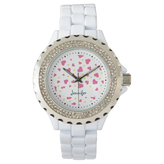 Cute roze en Green Tumbling Hearts Pattern Horloge (Voorkant)