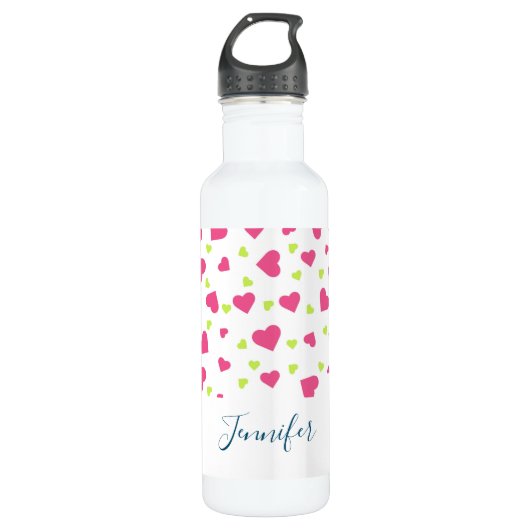 Cute roze en Green Tumbling Hearts Pattern Waterfles (Voorkant)
