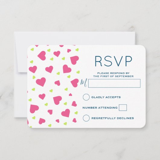 Cute Roze en Groene Hartjes Patroon RSVP Kaartje (Voorkant)
