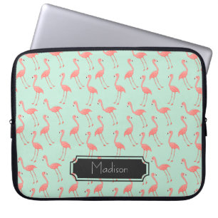 Cute Roze en Mint Flamingo patroon   Naam toevoege Laptop Sleeve