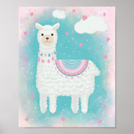 Cute roze en mint lama poster (Voorkant)