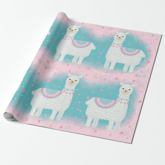 Cute roze en mint lamapatroon cadeaupapier (Uitgerold)