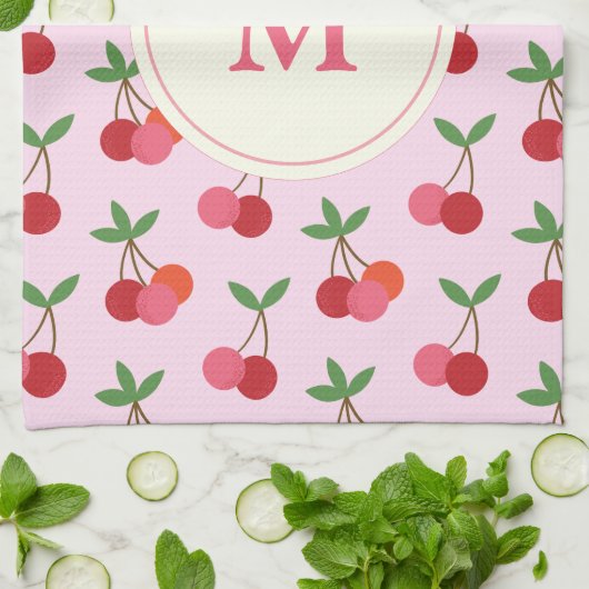 Cute roze en Red Cherries Pattern Aangepast Monogr Theedoek (Gevouwen)