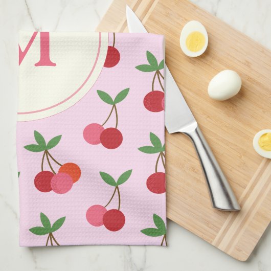 Cute roze en Red Cherries Pattern Aangepast Monogr Theedoek (Quarter Fold)
