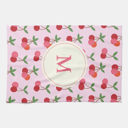 Cute roze en Red Cherries Pattern Aangepast Monogr Theedoek (Horizontaal)