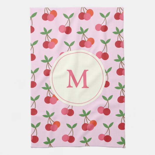 Cute roze en Red Cherries Pattern Aangepast Monogr Theedoek (Verticaal)