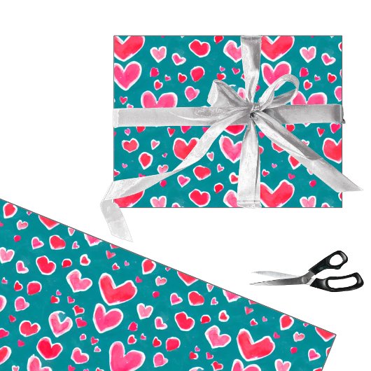 Cute roze en rode waterverf harten patroon cadeaupapier