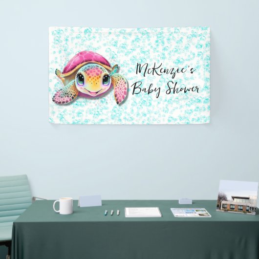 Cute Roze en Turkoois Schildpad Meisje Baby Shower Spandoek (Beurs)