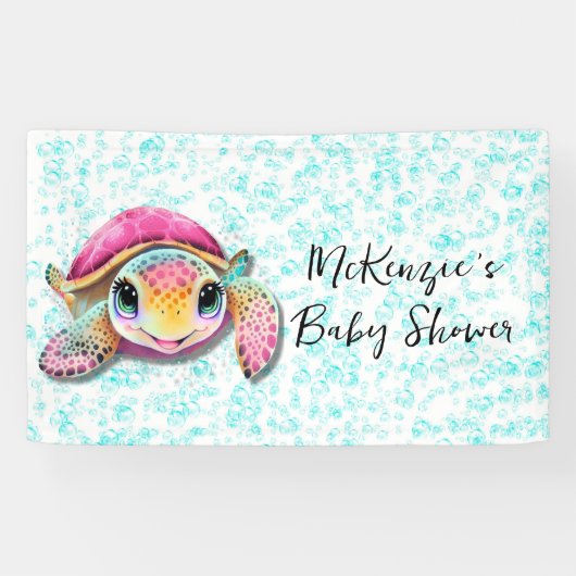 Cute Roze en Turkooise Schildpad Meisje Baby Showe Spandoek (Horizontaal)
