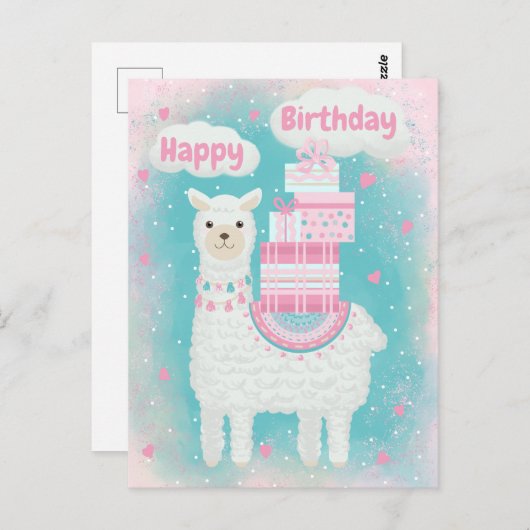 Cute roze en turquoise lama met cadeaus briefkaart (Voorkant / Achterkant)