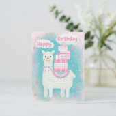 Cute roze en turquoise lama met geschenken briefkaart (Staand voorkant)