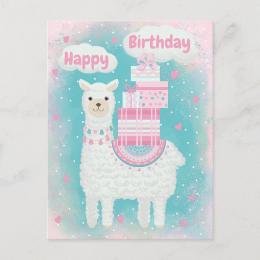 Cute roze en turquoise lama met geschenken briefkaart (Voorkant)
