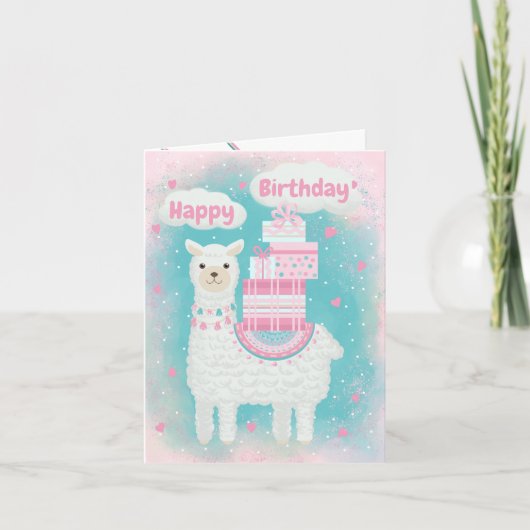 Cute roze en turquoise lama met geschenken notitiekaartje (Voorkant)
