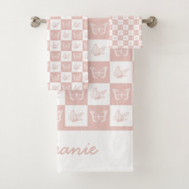 Cute roze en wit vlinderpatroon gepersonaliseerd bad handdoek