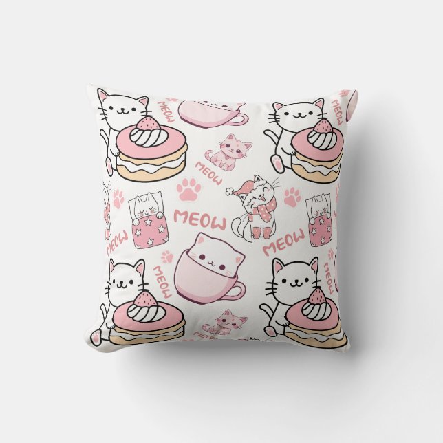 Cute Roze en Witte Kattenliefhebbers Kussen (Voorkant)