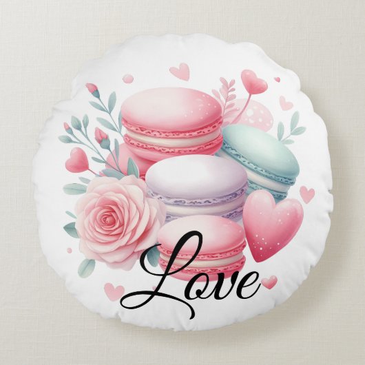 Cute Roze en Witte Liefde Macaron & Harten Rond Kussen (Voorkant)