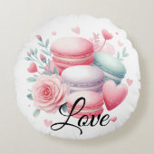 Cute Roze en Witte Liefde Macaron & Hartjes Rond Kussen (Voorkant)
