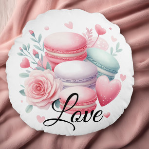 Cute Roze en Witte Love Macaron & Hartjes  Rond Kussen