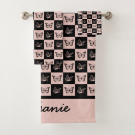 Cute roze en zwart vlinderpatroon gepersonaliseerd bad handdoek