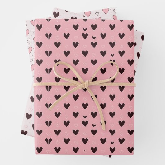 Cute Roze en Zwarte Harten Patroon Valentijnsdag Inpakpapier Vel (In situ)