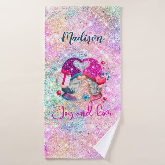 Cute roze faux glitter gnome kerstmonogram bad handdoek (Badhanddoek)