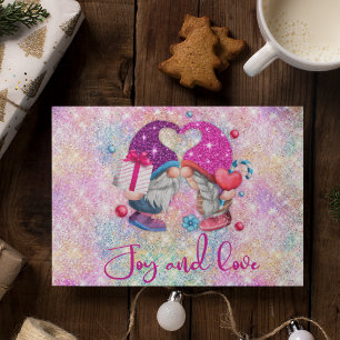 Cute roze faux glitter gnome kerstmonogram briefkaart