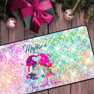 Cute roze faux glitter gnome kerstmonogram bureaumat