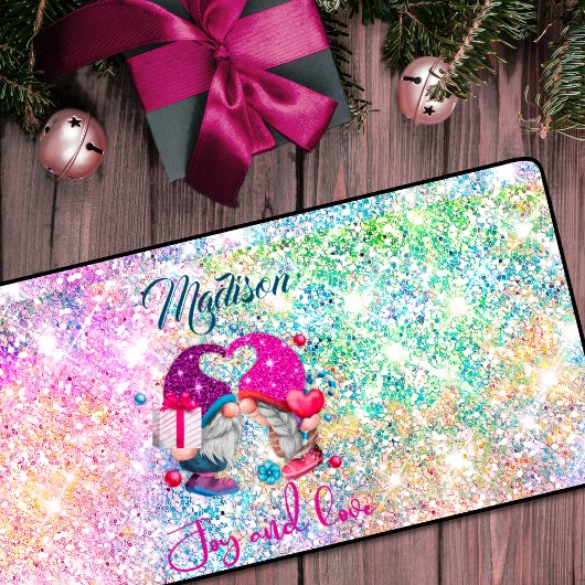 Cute roze faux glitter gnome kerstmonogram bureaumat