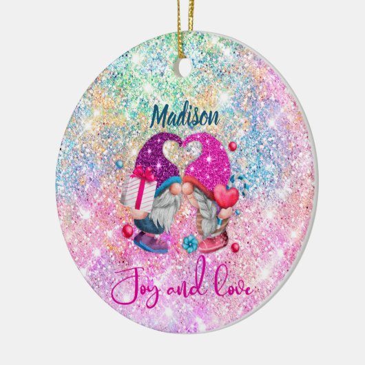Cute roze faux glitter gnome kerstmonogram keramisch ornament (Links)