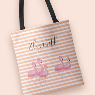 Cute Roze Flamingo Aangepaste Naam Trendy Perzik S Tote Bag