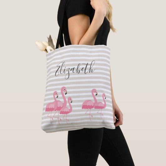 Cute Roze Flamingo Aangepaste Naam Trendy Taneel S Tote Bag (Dichtbij)