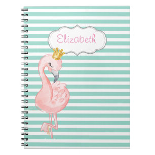 Cute Roze Flamingo Kroon Mint Groen Witte Strepen Notitieboek