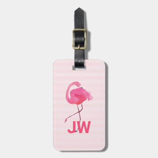 Cute roze flamingo op gestreept achtergrond bagagelabel (Voorkant verticaal)