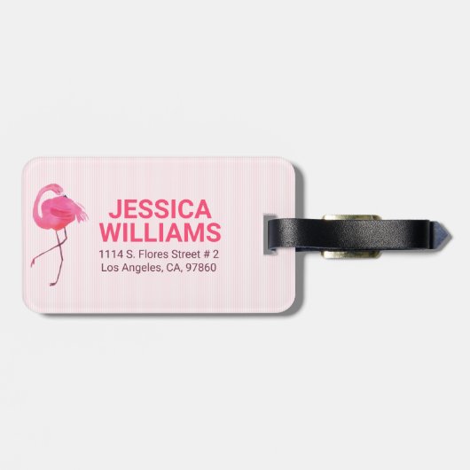 Cute roze flamingo op gestreept achtergrond bagagelabel (Achterkant horizontaal)