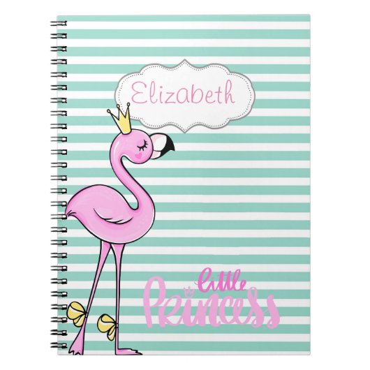 Cute roze flamingo op mint witte strepen notitieboek (Voorkant)