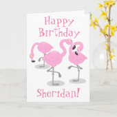 Cute roze flamingo trio cartoon illustratie kaart (Gele Bloem)