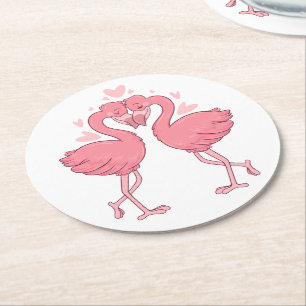 Cute Roze Flamingo Tropisch Strand Huwelijk Ronde Kartonnen Onderzetter