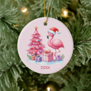 Cute roze flamingo voeg naam jaar toe keramisch ornament